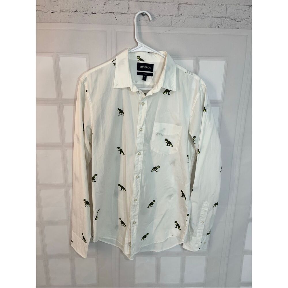 Bonobos White Green Washed Tailored Fit T. Rex Print Button Down Shirt Sz Medium